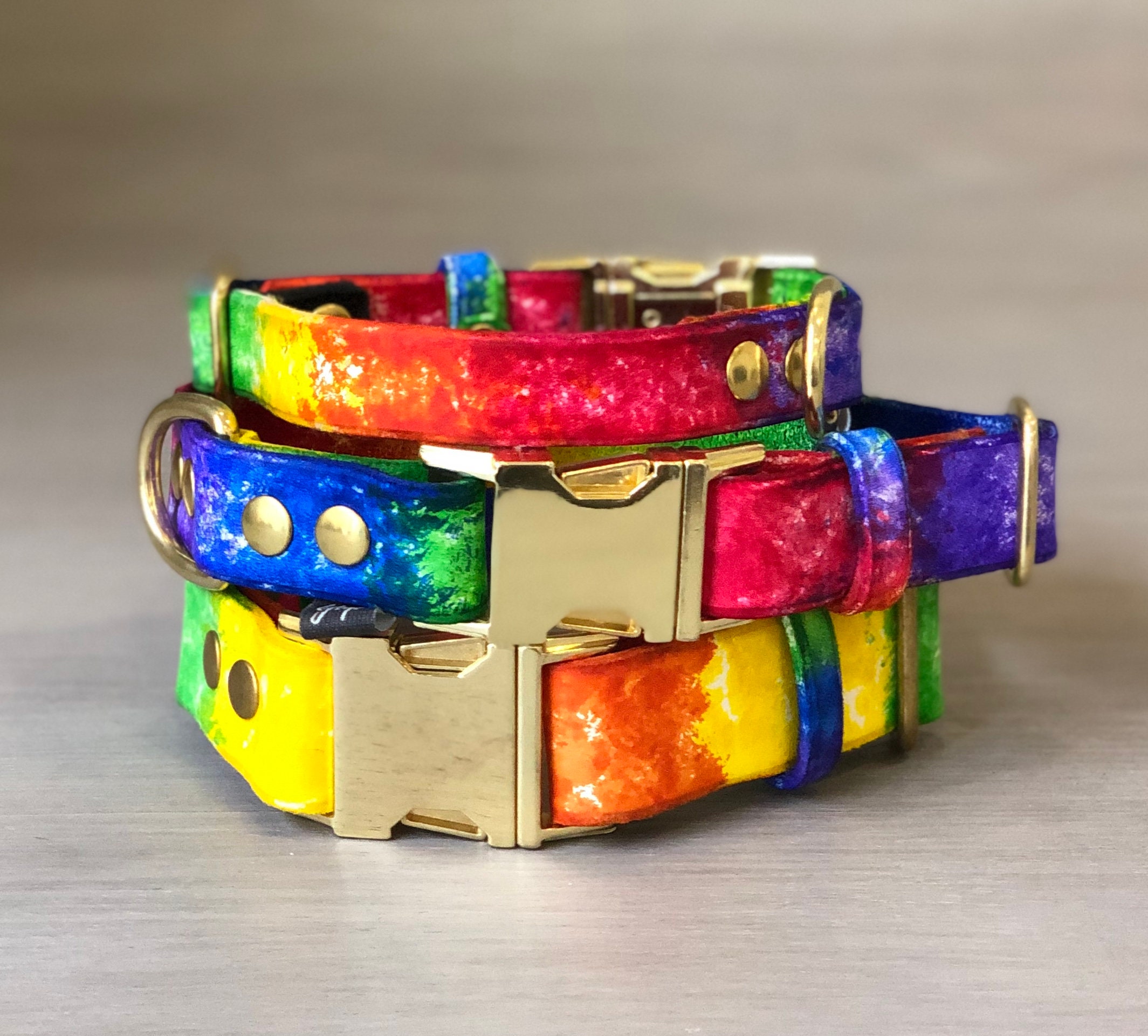 Colorful Leather Quick Release Dog Collar with Brass Hardware, Rainbow