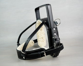 Leather Dog Harness with Custom Fixed Rigid Handle and Extra Thick Sheepskin and Sturdier Handle