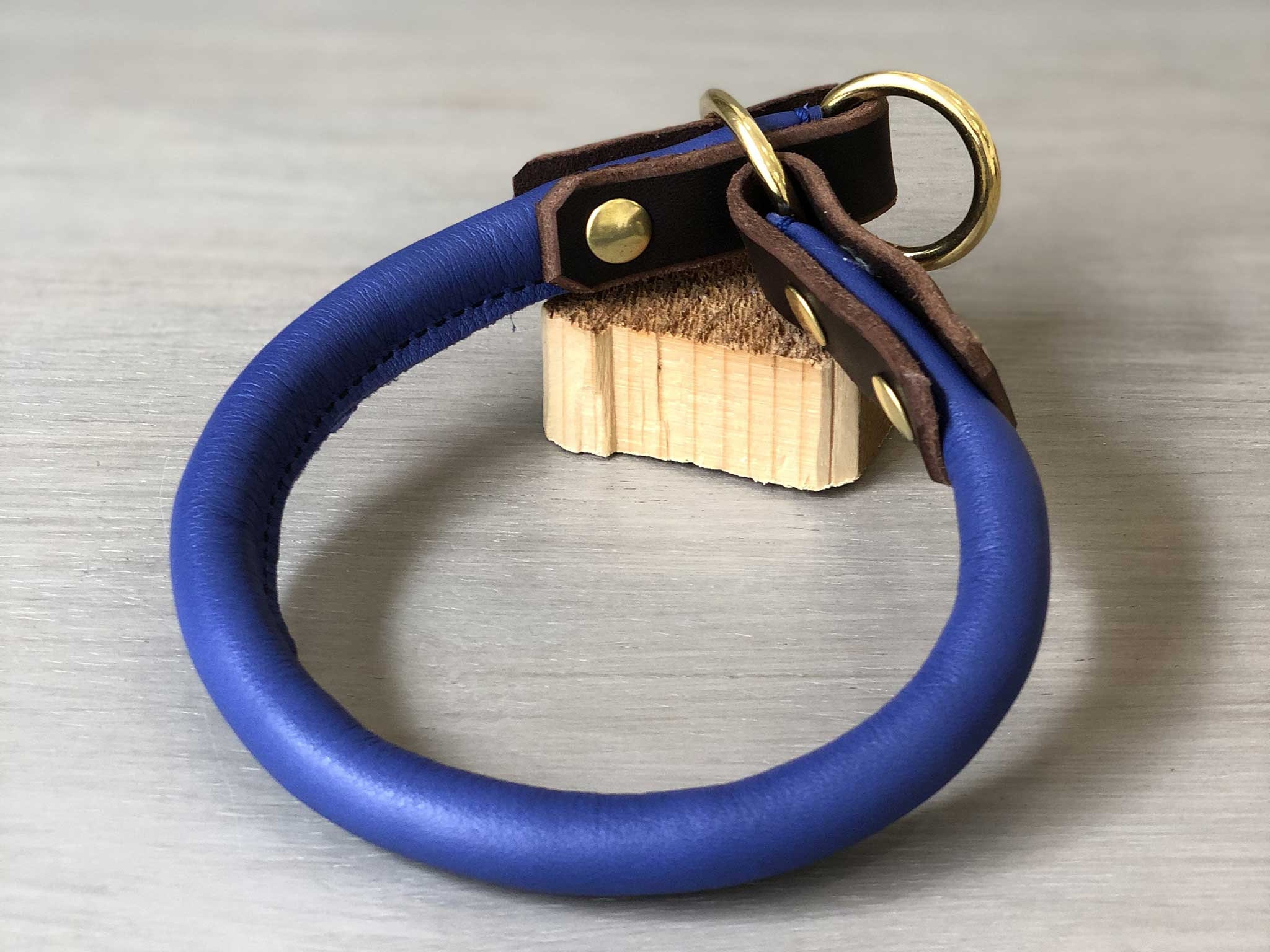 Rolled Leather Slip On Dog Collar, Blue and Brown Rolled Leather Dog Collar, Easy and