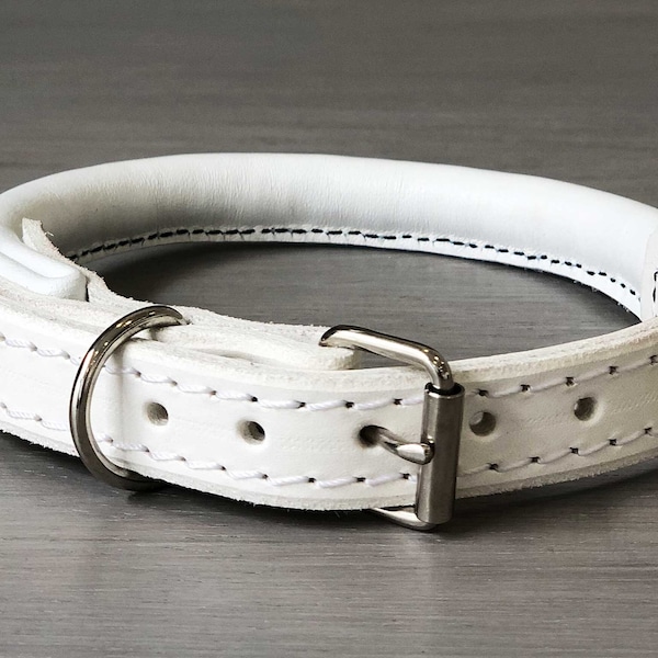 Rolled Leather Classic Buckle Dog Collar, Silver Colored Hardware, White Leather Dog Collar, Comfortable and Adjustable Dog Collar