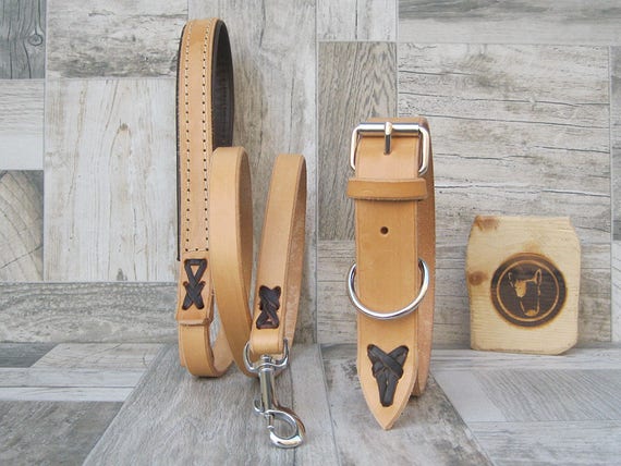 Dog Collar and Leash Set in Tan Leather, Adjustable Collar for Small and Large Dogs, Custom Leash Lenght and Width, Handmade Collar and Lead