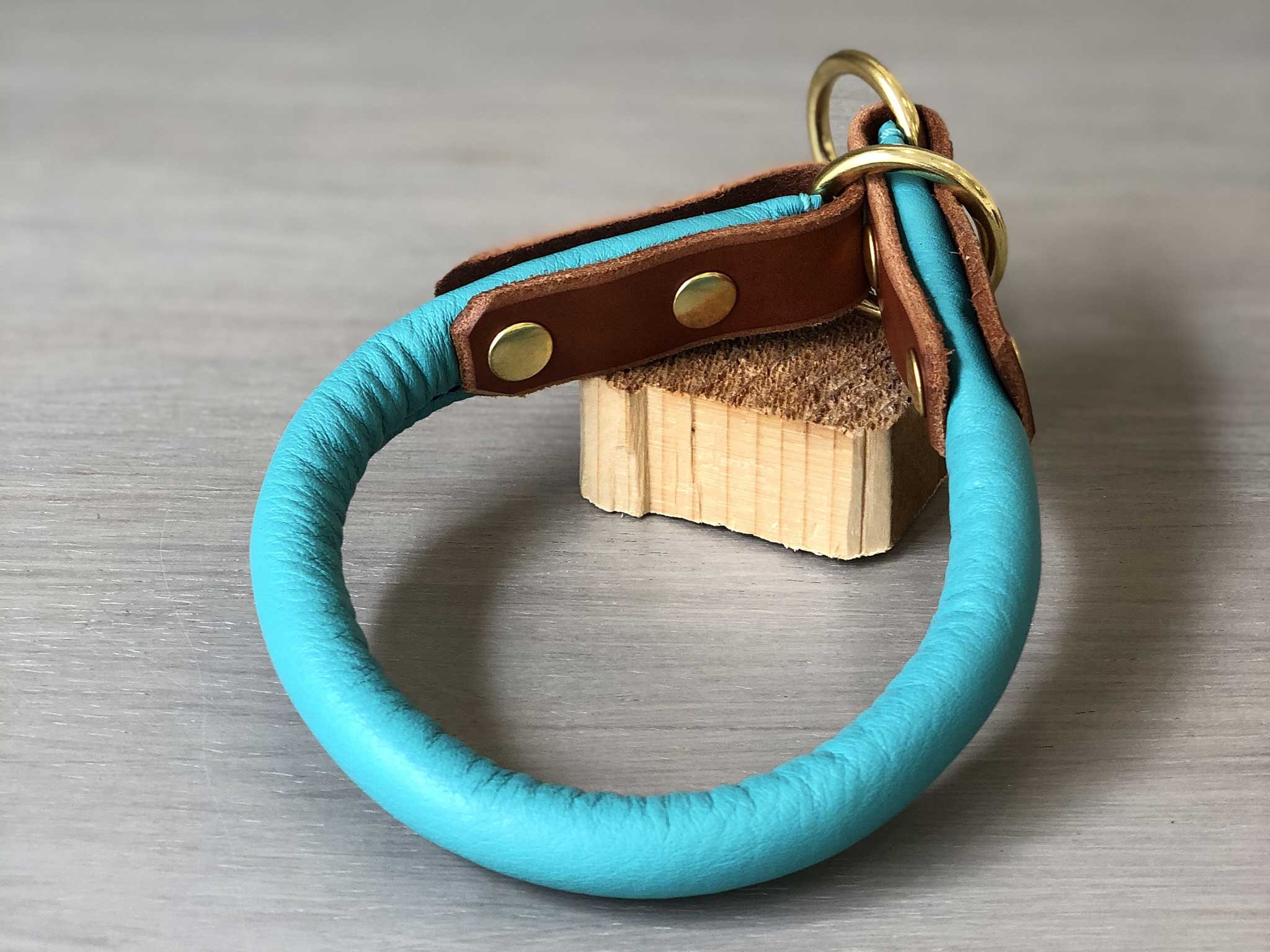 Rolled Leather Slip On Dog Collar, Teal and Papaya Rolled Leather Dog