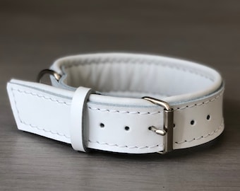 White Leather Dog Collar Padded with Soft Leather, White Loop and Thread, Made in Italy Comfortable and Durable Collar, Optional FREE Id Tag