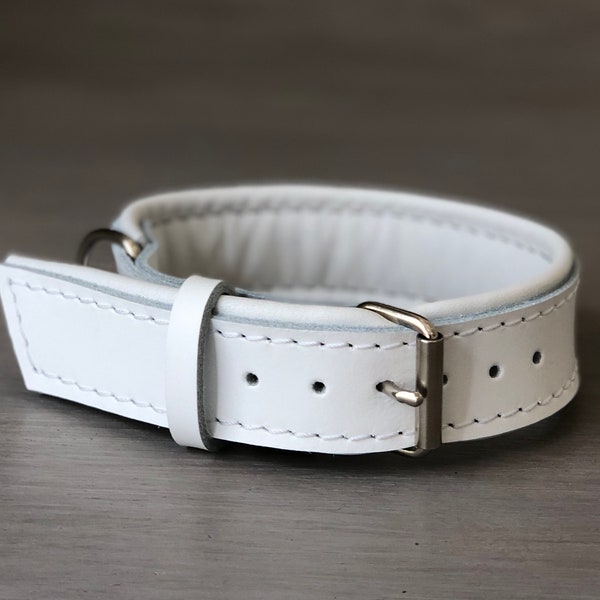 White Leather Dog Collar Padded with Soft Leather, White Loop and Thread, Made in Italy Comfortable and Durable Collar, Optional FREE Id Tag