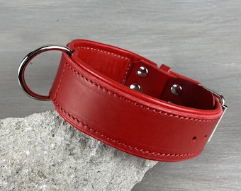 Padded Red Leather Dog Collar with Central Leash Attachment Ideal for Medium and Large Breeds, Optional FREE Id Tag, Personalized Dog Collar