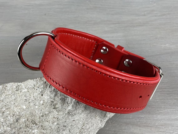 Padded Red Leather Dog Collar With Central Leash Attachment -  UK