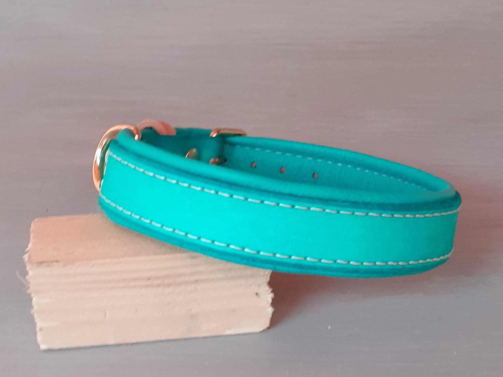 Teal Leather Dog Collar Padded With Soft Leather Solid Brass Etsy