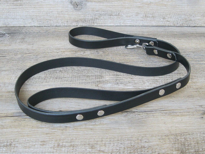 Black Leather Dog Leash With Traffic Handle in Nickel Brass Etsy