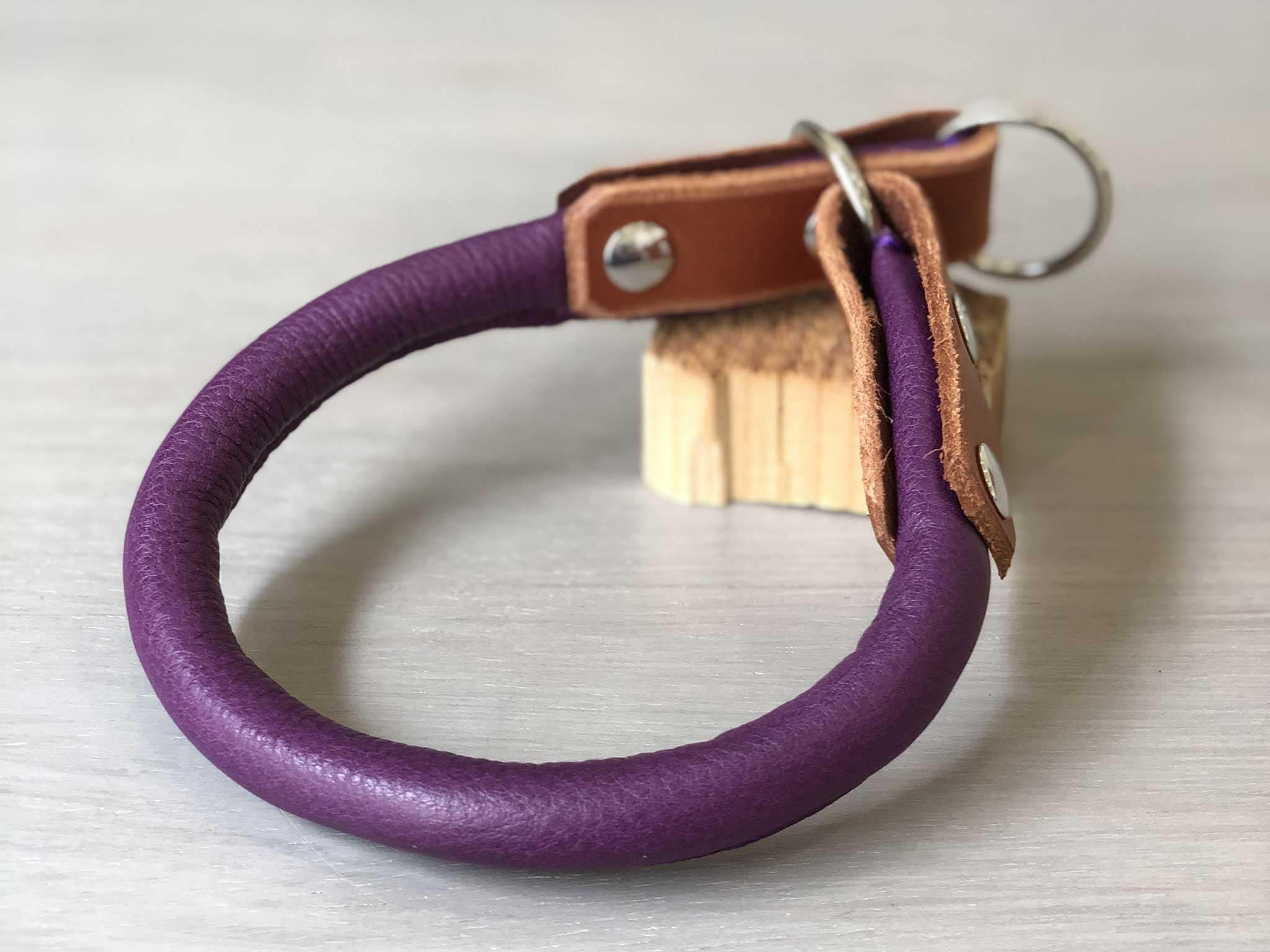 Rolled Leather Slip On Dog Collar, Purple and Papaya Rolled Leather Dog