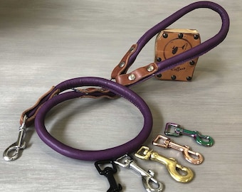 Purple and Papaya Rolled Leather Dog Leash, Custom Lenght Leash with Brass Nickel Rose Gold Rainbow or Black Hardware, Strong Rope Dog Lead