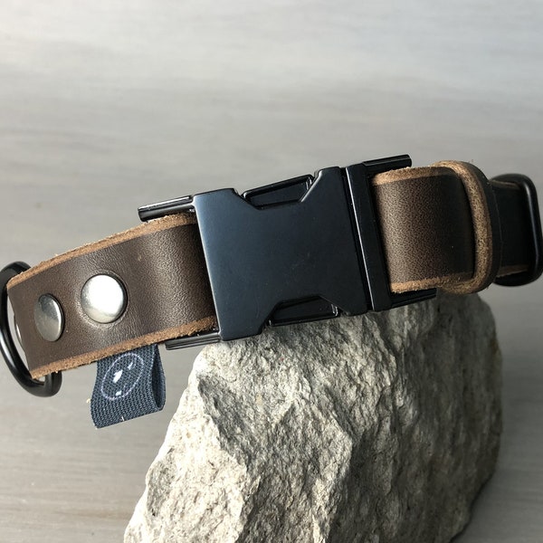 Brown Leather Dog Collar with Black Metal Hardware, Quick Release Dog Collar Ideal for Large and Medium Dogs, Optional FREE Id Tag