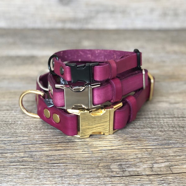 Wine Purple Leather  Dog Collar with Brass Silver or Black Metal Hardware, 5/8" 3/4" 1" Wide, Optional FREE Id Tag, Personalized Collar