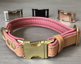 Padded Leather Quick Release Dog Collar in Tan and Pink with Silver, Brass Black or Rose Gold Plated Hardware, Optional FREE ID Tag