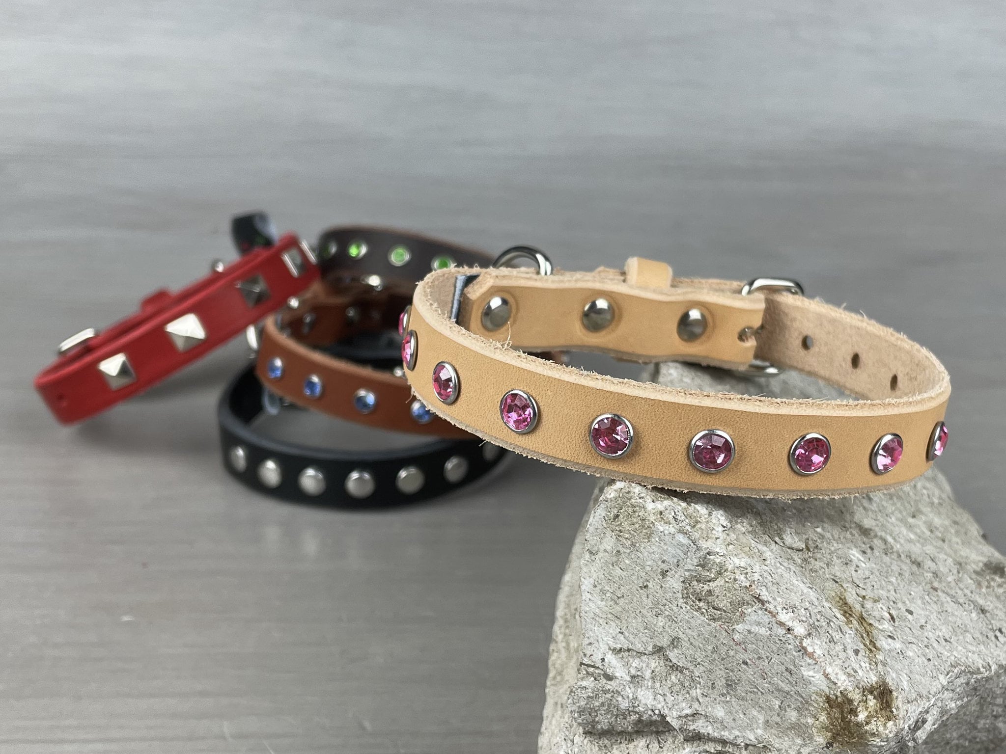 5/8 Wide Collar for Small and Toy Dog Breeds Red Leather Dog Collar Decorated with Rhinestones or Studs Luxury Leather Dog Collar