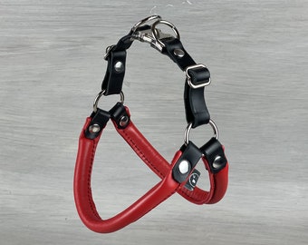 Rolled Leather Step In Dog Harness in Red and Black, Rolled Leather Harness, Adjustable Harness for Small Dogs, No Pull Dog Harness