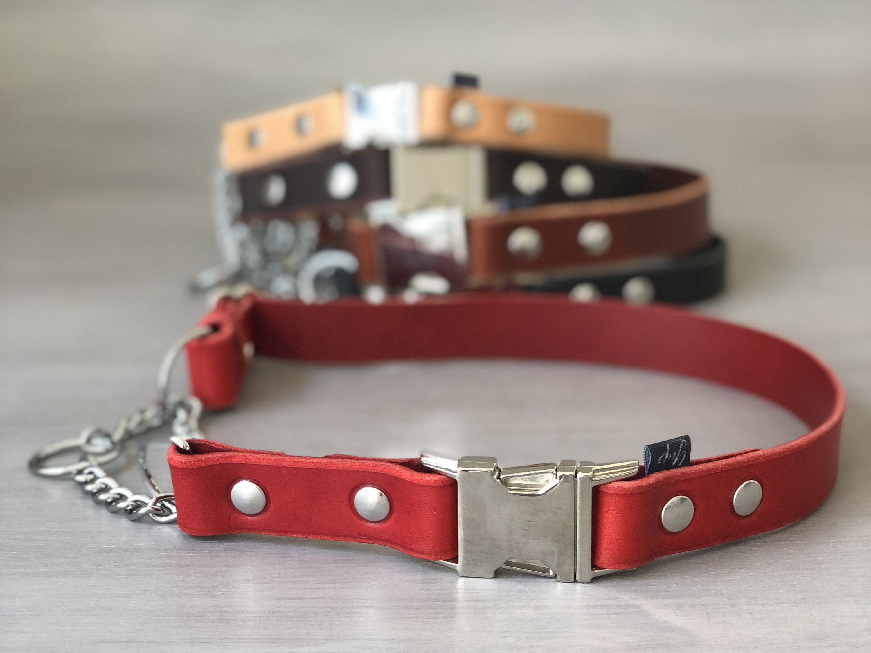Adjustable Leather Martingale Dog Collar with Quick Release Buckle, Red
