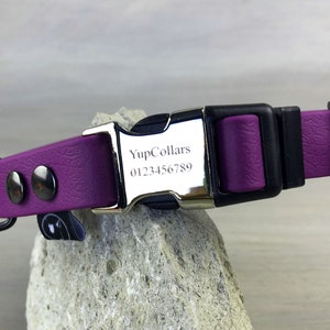 Waterproof Dog Collar with Engraved Buckle, Purple Coated Webbing, Antibacteric PVC Collar, Free ID Tag, Quick Release Dog Collar