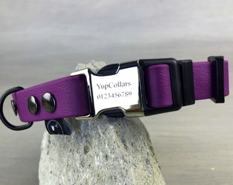 Waterproof Dog Collar with Engraved Buckle, Purple Coated Webbing, Antibacteric PVC Collar, Free ID Tag, Quick Release Dog Collar