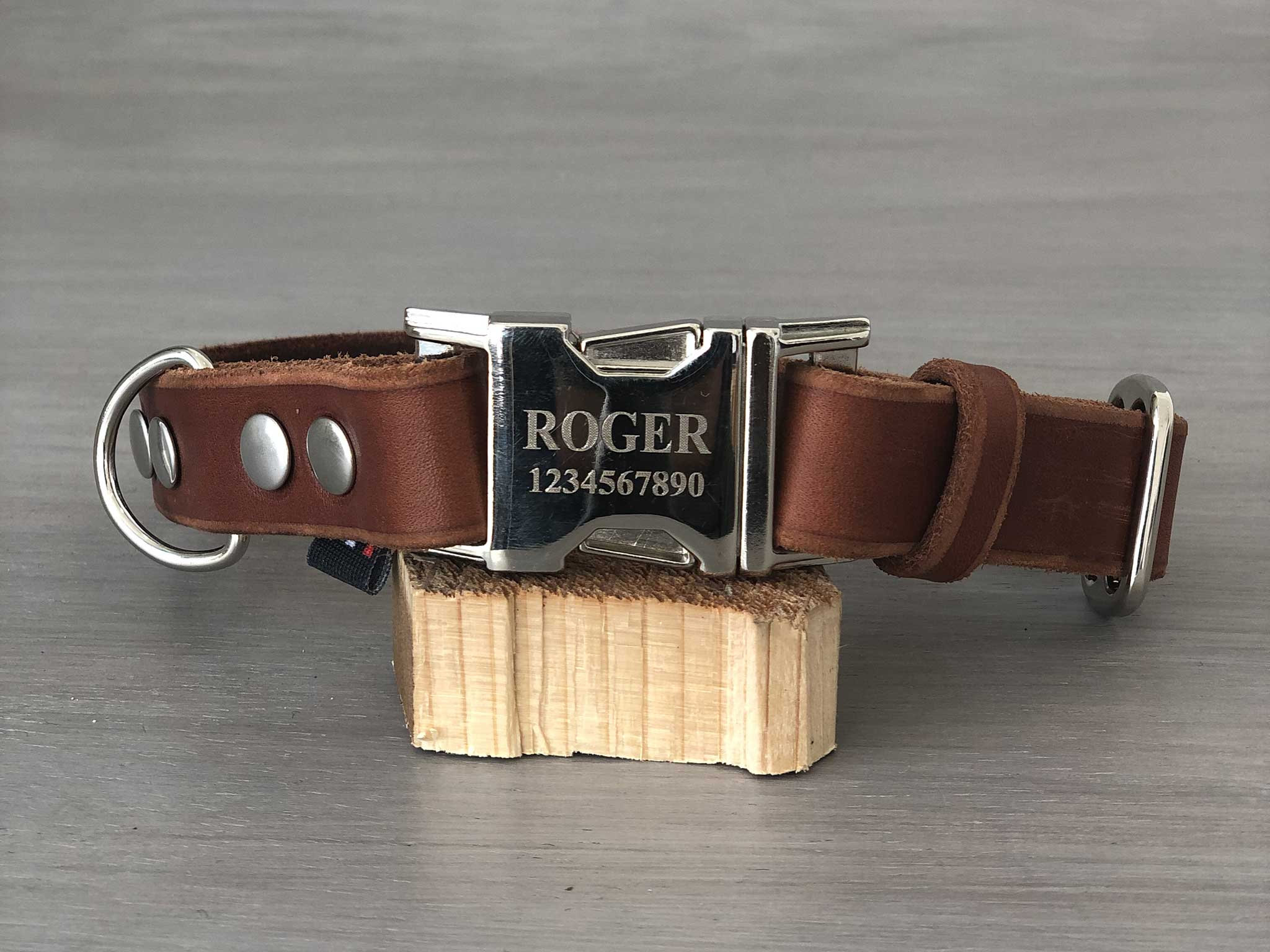 Engraved Buckle Leather Dog Collar, 5 Leather Colors, Quick Release