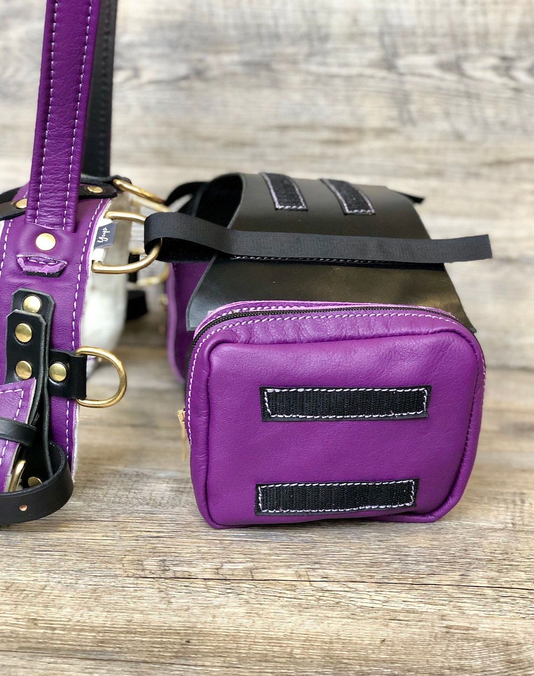 Leather Dog Cape With Purple Saddlebags, Dog Backpacks for Mobility