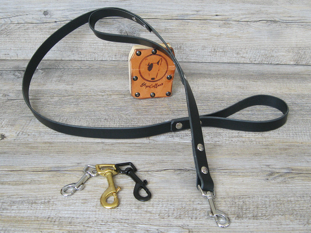 Black Leather Dog Leash With Traffic Handle in Nickel Brass Etsy
