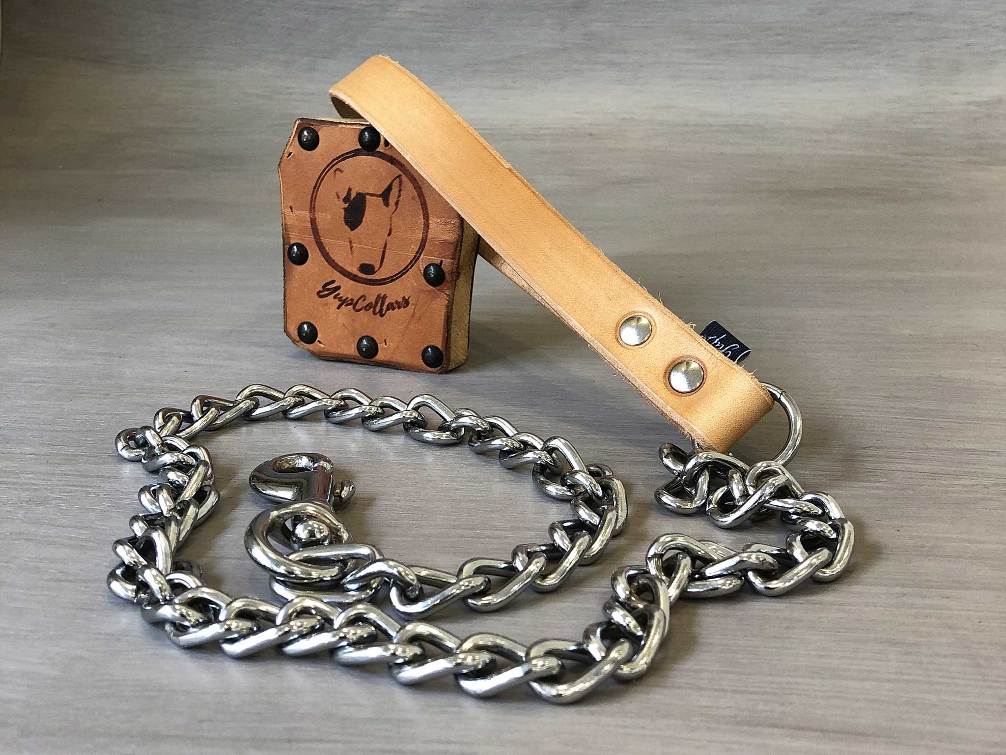 Chain Dog Leash with Full Grain Tan Leather Handle, Strong and Durable