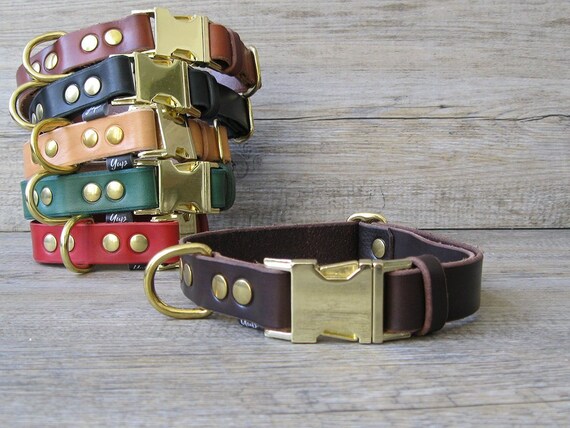 Leather Dog Collar, Solid Brass Hardware, FREE ID Tag, Brown Dog Collar, Colorful Dog collar, Quick Release Buckle Dog Collar, Custom Collar