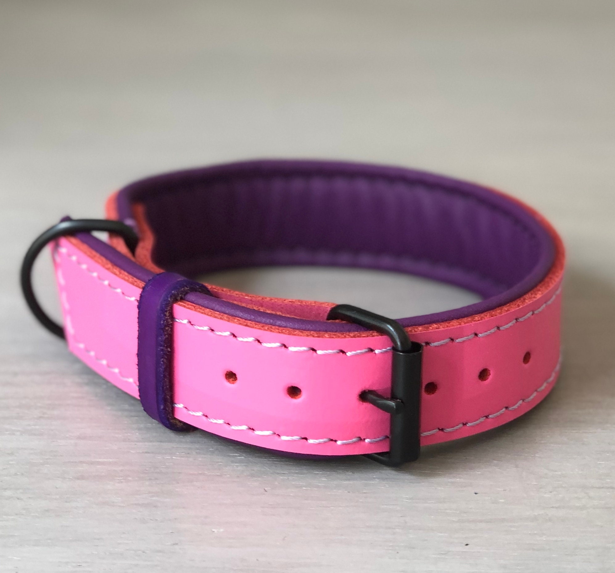 Pink Leather Dog Collar Padded with Soft Purple Leather, Black Metal
