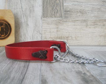 Martingale Dog Collar, Red Dog Collar, No Pull Leather Dog Collar, Chain Dog collar, Colorful Dog Collar, Optional FREE Id Tag