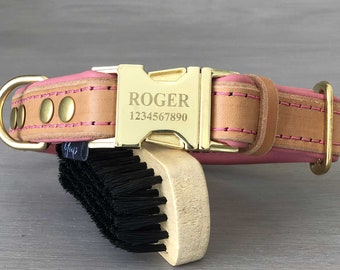 Padded Leather Quick Release Dog Collar in Tan and Pink with Silver, Brass Black or Rose Gold Plated Hardware, Custom Engraved Buckle