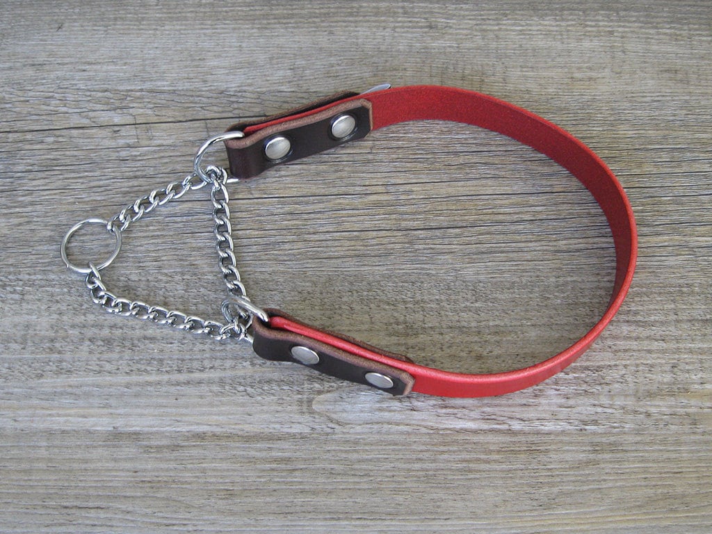 Red Leather Dog Collar, Martingale Dog Collar, Half Choke Dog Collar