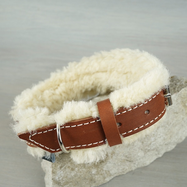 Papaya Leather Dog Collar Padded with Extra Fluffy Sheepskin, Custom Dog Collar with Optional Free ID Tag, Handmade Leather Dog Collars