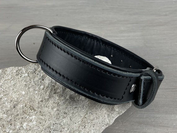 Padded Black Leather Dog Collar With Central Leash Attachment 