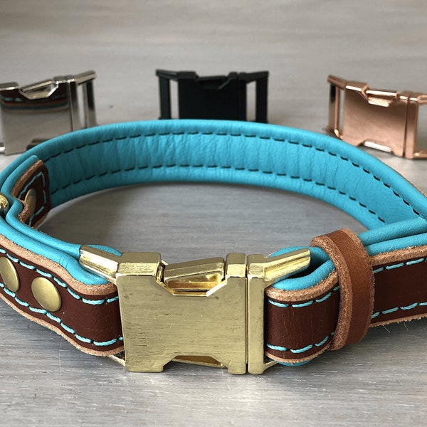 Padded Leather Quick Release Dog Collar in Papaya and Teal with Silver, Brass Black or Rose Gold Plated Hardware, Optional FREE ID Tag
