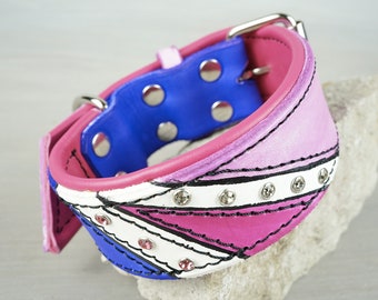 Hand Painted Leather Dog Collar with Rhinestones, Magenta, Pink and Purple Dog Collar, Handmade Padded Leather Dog Collar