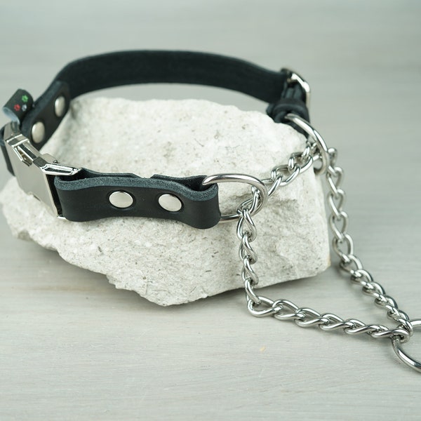 Adjustable Leather Martingale Dog Collar with Quick Release Buckle, Black Leather Dog Collar, Handmade Chain Collar, FREE Buckle Engraving