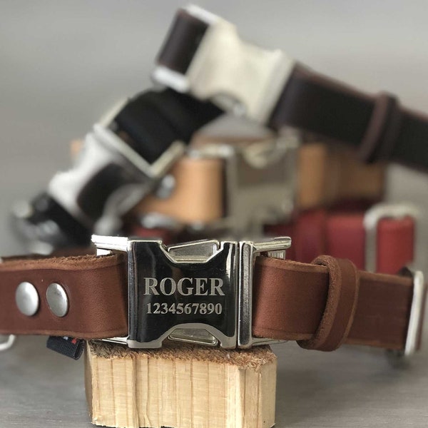 Engraved Buckle Leather Dog Collar, 5 Leather Colors, Quick Release Collar, Silver Plated Metal Hardware, Full Grain Leather