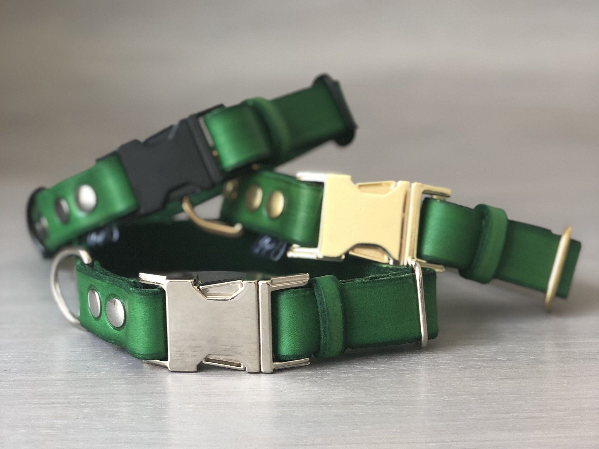 Green Leather Dog Collar with Brass, Silver or Black Hardware, Optional