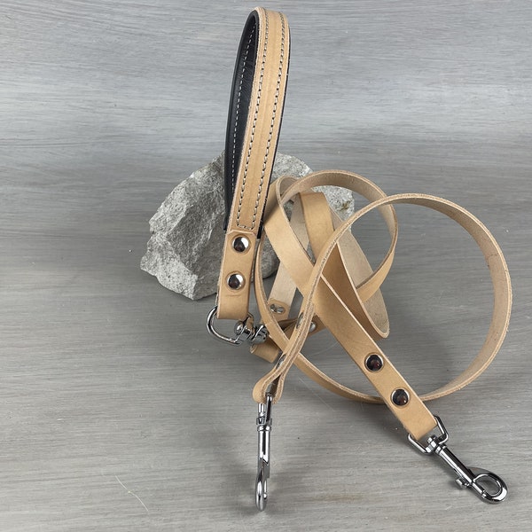 Double Dog Leash in Tan Leather with Soft Padded Handle, Split Dog Lead, Custom Lenght and Width, Leash for 2 Dogs