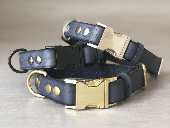 Gray Leather Dog Collar With Brass Silver Or Black Metal - Quick Release Leather Dog Collar Gray Leather Dog Collar With Brass Silver Or Black Metal - Quick Release Leather Dog Collar