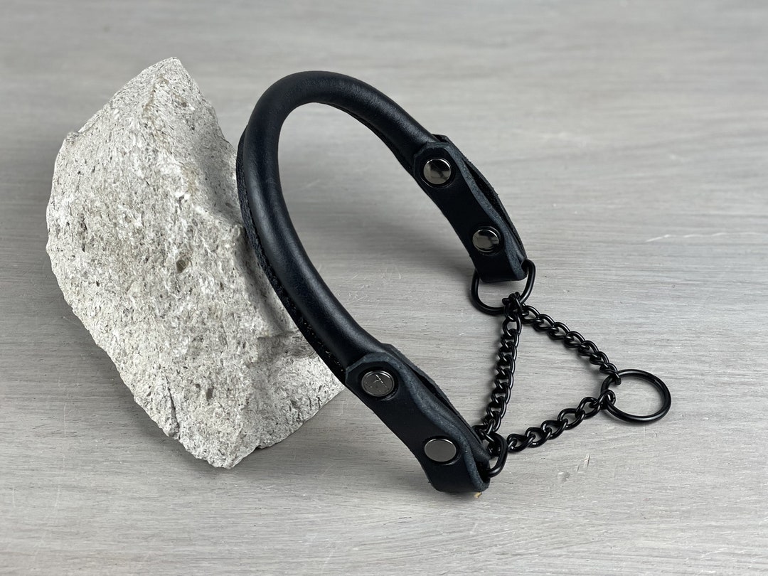Black Rolled Leather Martingale Dog Collar With Black Hardware, Black Chain Leather Dog Collar