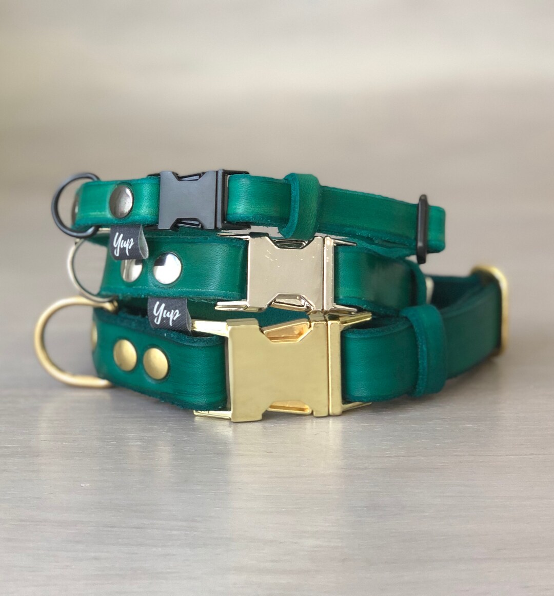 Emerald Green Leather Dog Collar With Brass Silver or Black Metal