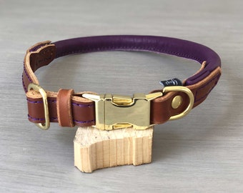 Rolled Leather Quick Release Dog Collar, Solid Brass Hardware, Purple and Papaya Leather Dog Collar, Optional FREE Custom Engraved Buckle