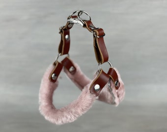 Rolled Sheepskin Leather Step In Dog Harness in Pink and Tan, Rolled Leather Harness, Adjustable Harness for Small Dogs, No Pull Dog Harness