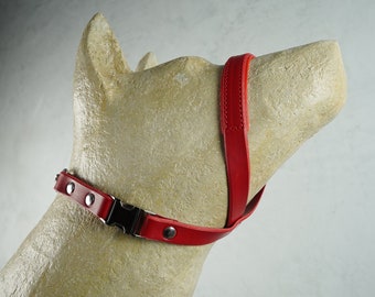 Red Padded Leather Dog Gentle Leader with Martingale Chain, Dog Head Halter, No Pull Dog Collar, Training Head Collar
