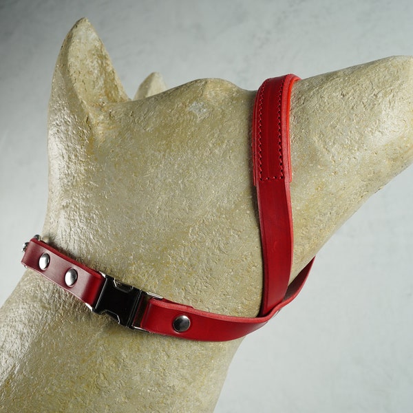 Red Padded Leather Dog Gentle Leader with Martingale Chain, Dog Head Halter, No Pull Dog Collar, Training Head Collar