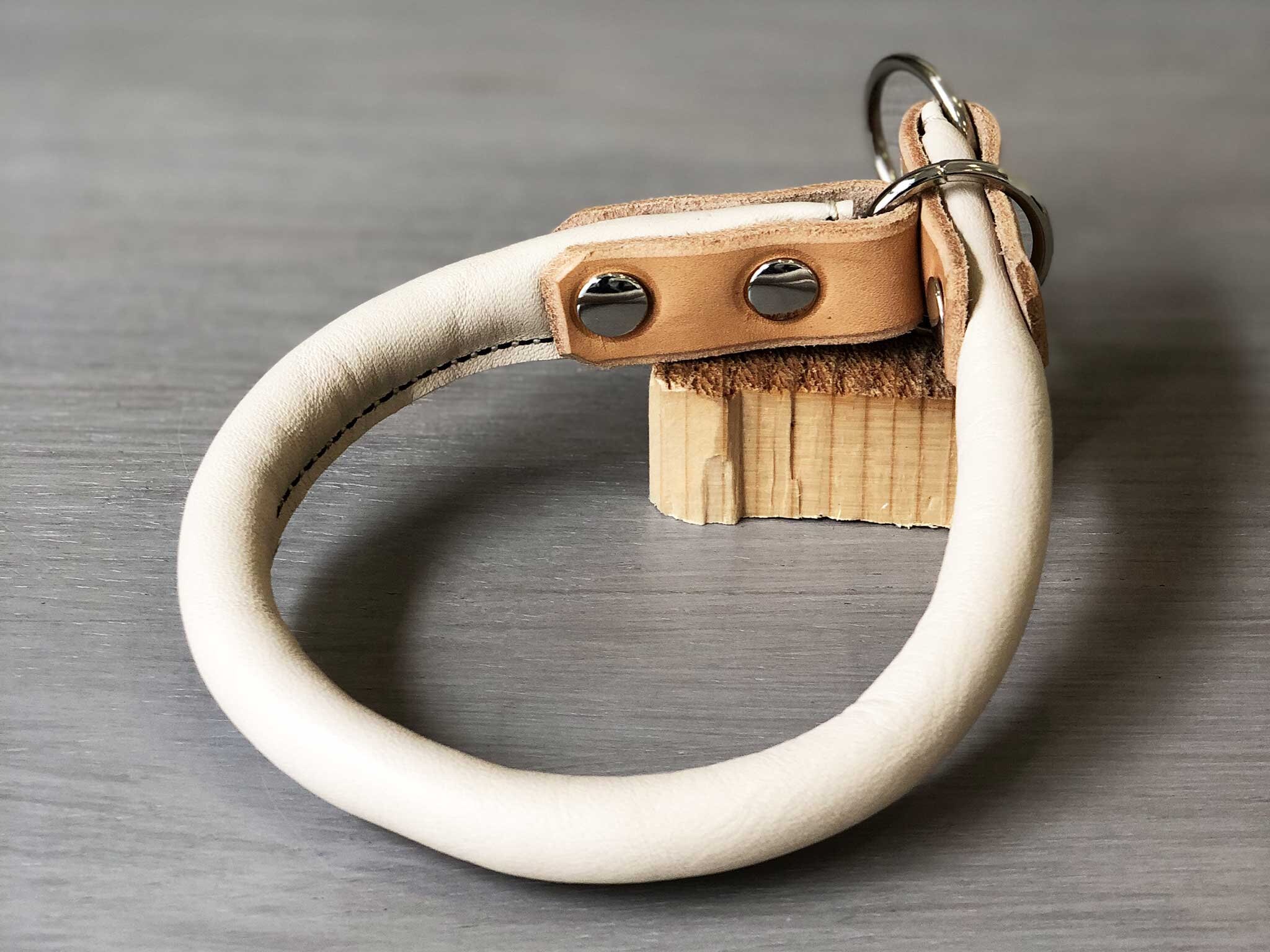 Rolled Leather Slip On Dog Collar, Tan Rolled Leather Dog Collar, Easy