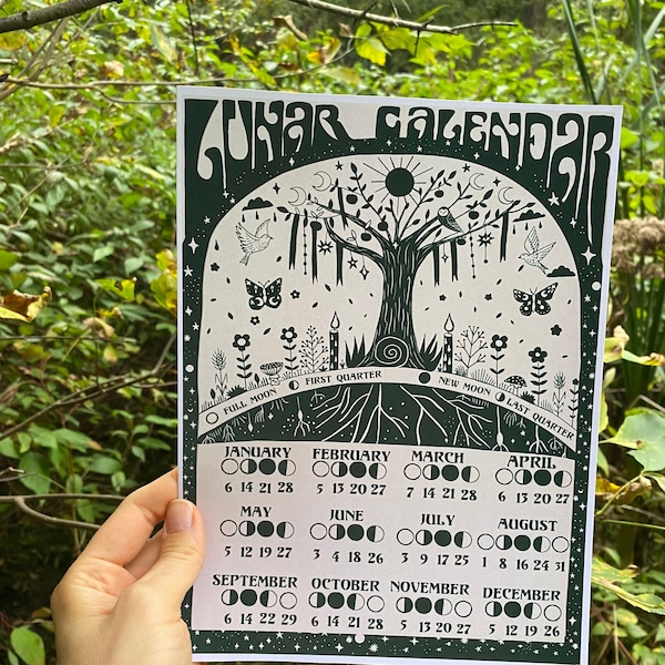 Dark forest lunar calendar, lunar calendar 2024, lunar phase calendar, witchy art, witchy wall art, witchy things, witchy aesthetic