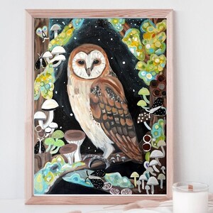 Magic Owl art, night owl, barn owl art witchy art, magical art, owl lover, owl gift, witchy art print, wall art, home décor brown art prints