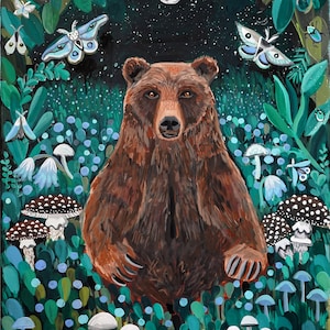 Dark woods bear mushroom blue berry wall art, magical witchy art aesthetic room decor art, brown bear woodland nursery, children&#39;s room art